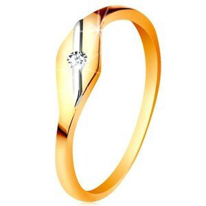 Zlatý prsteň 585 - lesklé zrnko, šikmá línia z bieleho zlata a číry zirkónik - Veľkosť: 59 mm