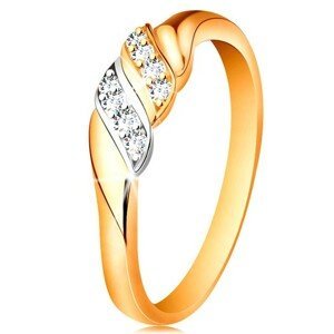 Zlatý prsteň 585 - dve vlnky z bieleho a žltého zlata, trblietavé číre zirkóny - Veľkosť: 51 mm