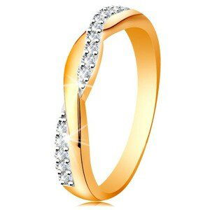Lesklý prsteň zo 14K zlata - dve prepletené vlnky - hladká a zirkónová - Veľkosť: 49 mm