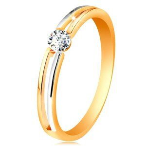 Zlatý prsteň 585, tenké dvojfarebné ramená s výrezom a čírym zirkónom - Veľkosť: 58 mm