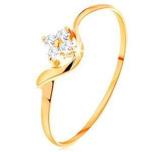 Prsteň zo žltého 14K zlata - kvietok z čírych diamantov, zvlnené rameno - Veľkosť: 57 mm