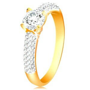 Zlatý 14K prsteň - trblietavé ramená, vyvýšený okrúhly zirkón čírej farby - Veľkosť: 54 mm
