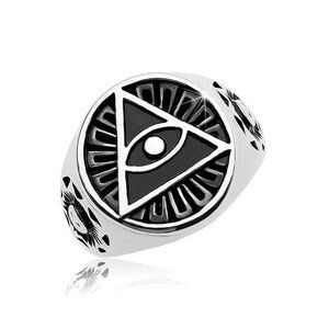 Prsteň z ocele 316L, čierny patinovaný kruh a trojuholník s okom - Veľkosť: 59 mm