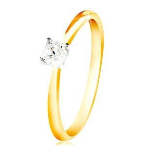 Zlatý 14K prsteň - tenké ramená, číry zirkón v kotlíku z bieleho zlata - Veľkosť: 51 mm