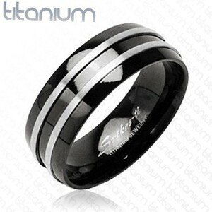 Čierny prsteň z titánu - dva  tenké pásy striebornej farby - Veľkosť: 67 mm