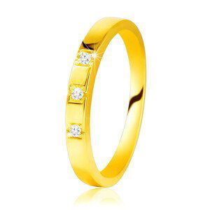 Diamantový prsteň zo žltého 585 zlata - lesklé ramená, tri ligotavé brilianty  - Veľkosť: 52 mm