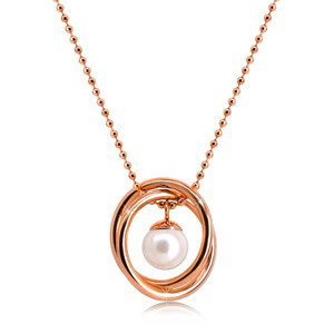 Oceľový náhrdelník v medenej farbe - guličková retiazka, dva skrížené kruhy, perleťová gulička