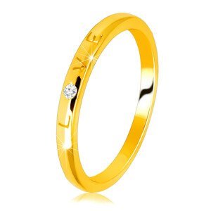 Obrúčka v žltom 9K zlate - nápis "LOVE" so zirkónom, hladký povrch, 1,5 mm  - Veľkosť: 52 mm