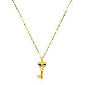 Diamantový náhrdelník zo žltého 585 zlata - srdiečkový kľúčik, okrúhly briliant, tenká retiazka