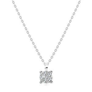 Briliantový náhrdelník z bieleho 9K zlata - štvorcový kotlík, okrúhle číre diamanty, tenká retiazka