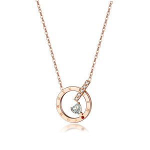 Oceľový náhrdelník medenej farby - kruh s rímskymi číslicami, zirkónové srdce