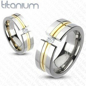 Prsteň z titánu - dva pásy zlatej farby, zirkón - Veľkosť: 65 mm