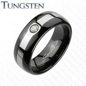 Tungstenový čierny prsteň - pás v striebornej farbe, zirkón - Veľkosť: 70 mm