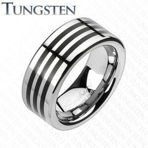 Tungstenový prsteň s troma čiernymi pásikmi po obvode - Veľkosť: 57 mm