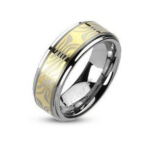 Tungstenový prsteň s pruhom zlatej farby a zebrovým motívom - Veľkosť: 49 mm