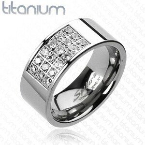 Prsteň z titánu s obdĺžnikovým výrezom vykladaným zirkónmi - Veľkosť: 70 mm