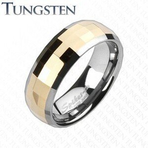 Wolfrámový prsteň - obdĺžnikové lomené fazety zlatej farby - Veľkosť: 62 mm
