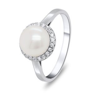 Brilio Silver Elegantný strieborný prsteň s perlou a zirkónmi RI034W 58 mm