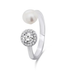 Brilio Silver Nádherný strieborný prsteň s pravou perlou a zirkónmi RI062W 60 mm