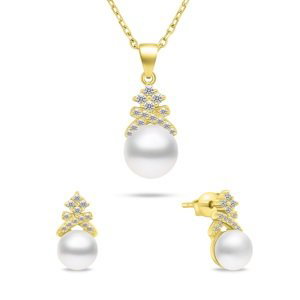 Brilio Silver Pôvabný pozlátený set šperkov s perlami SET238Y (náušnice, náhrdelník)