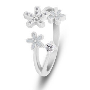 Brilio Silver Pôvabný otvorený prsteň Kvety so zirkónmi RI125W 50 mm
