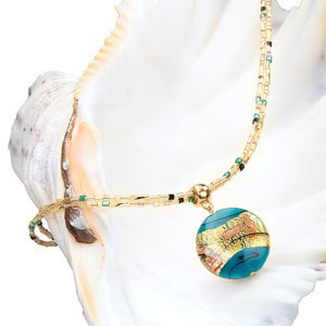 Lampglas Tajomný dámsky náhrdelník Tyrquoise Gold s perlou Lampglas s 24-karátovým zlatom NP24
